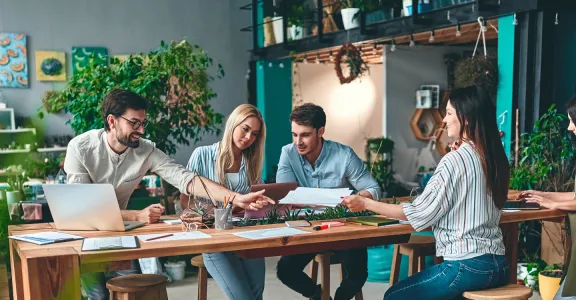 Personnes assises à une table dans un bureau avec des plantes.